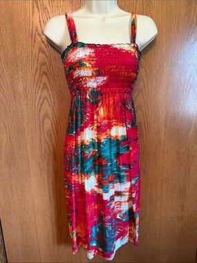 Vibrant Red Smocked Midi Dress with Teal & Orange Print